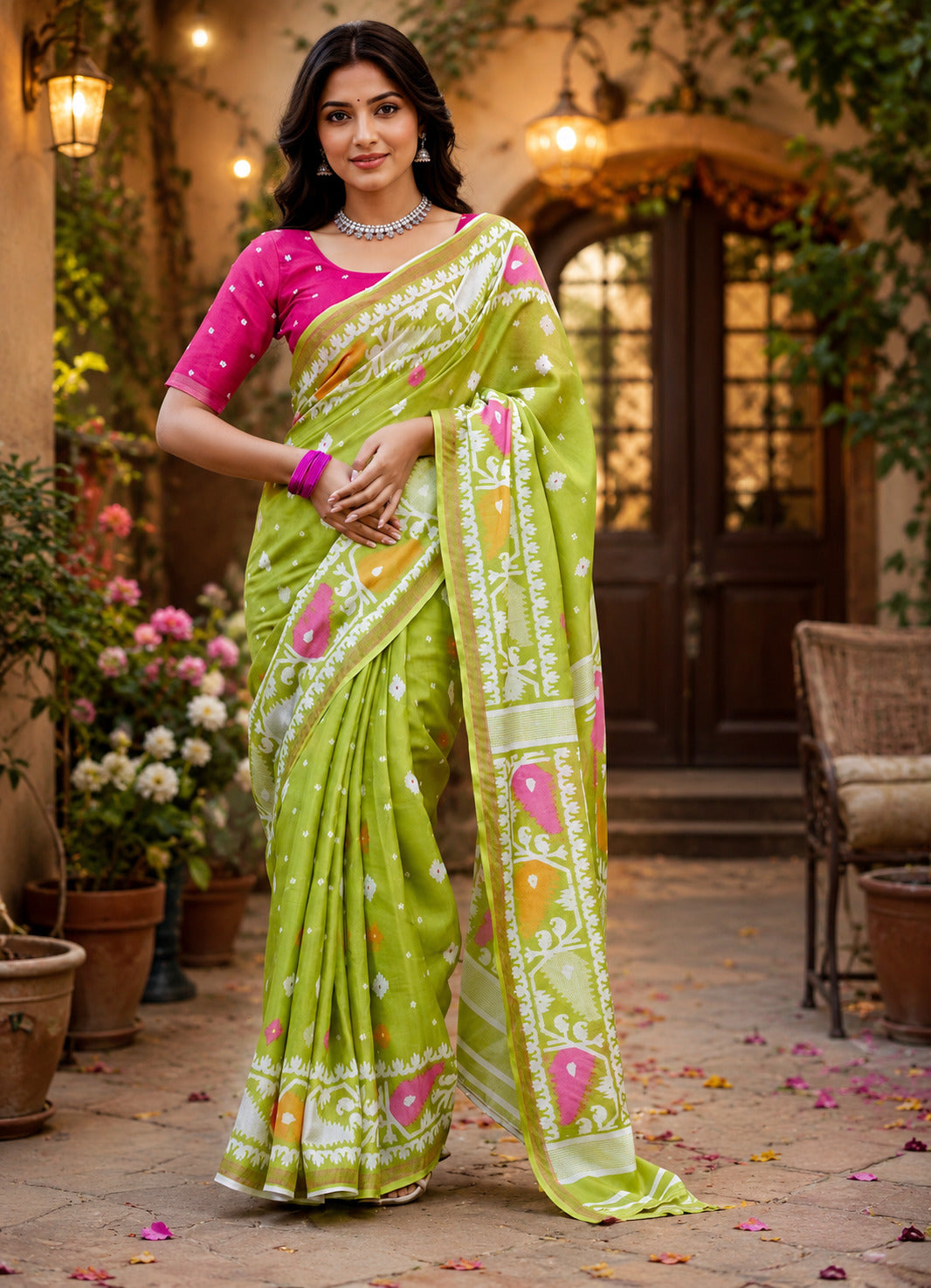 Elora Light Green Linen Bandhani Digital Print Bollywood Saree