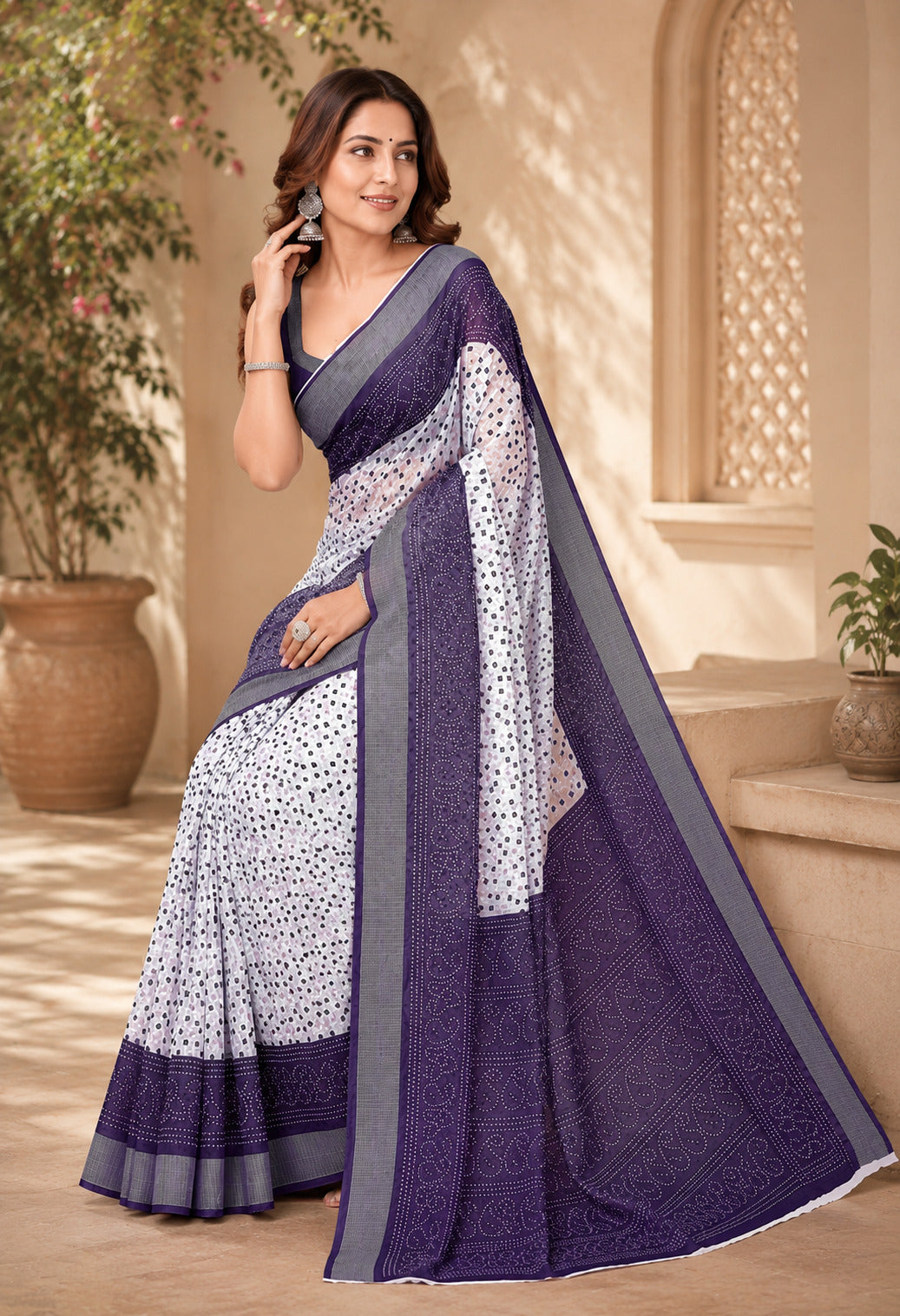 Elora White & Navy Blue Linen Bandhani Digital Print Bollywood Saree