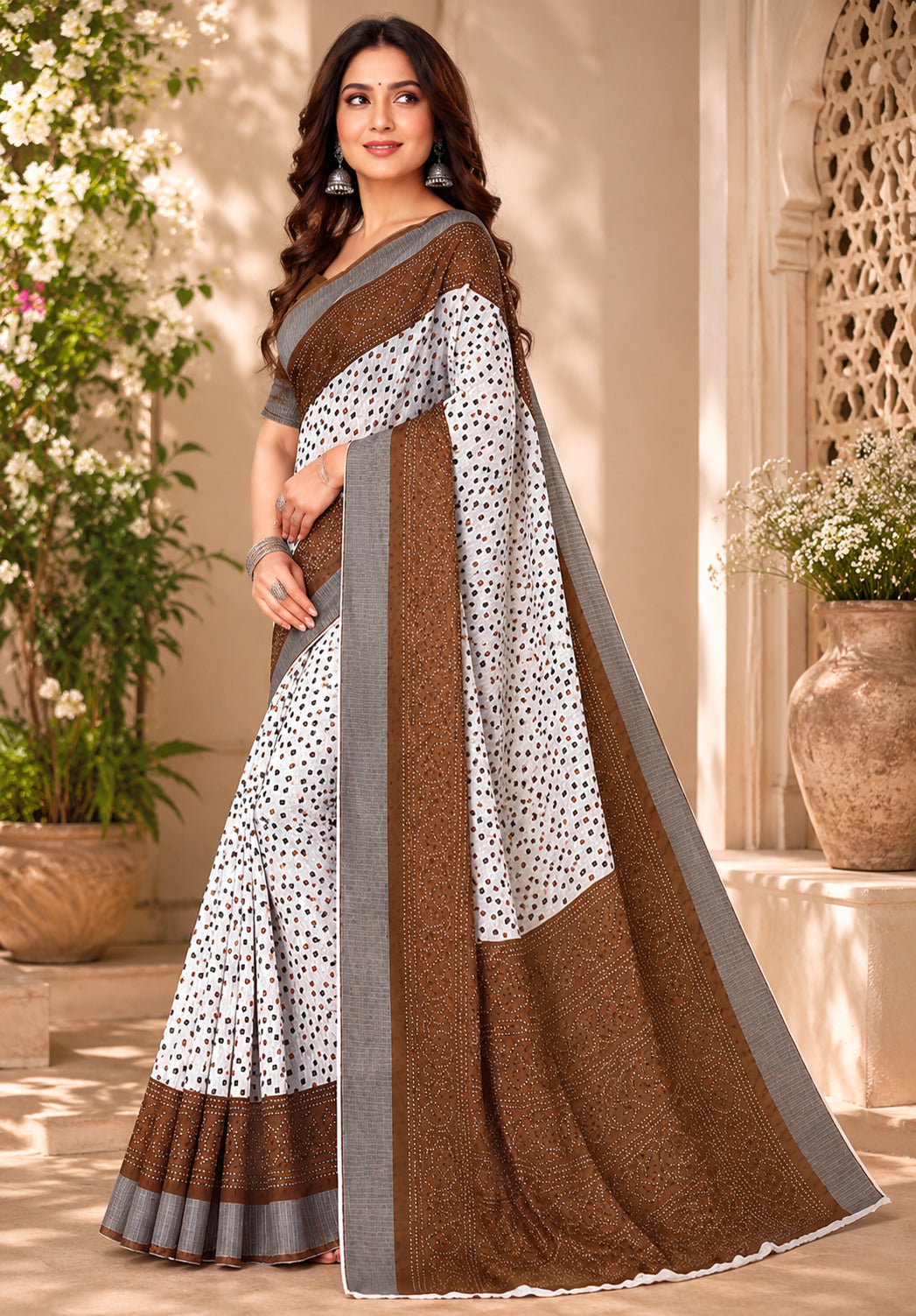 Elora White & Brown Linen Bandhani Digital Print Bollywood Saree