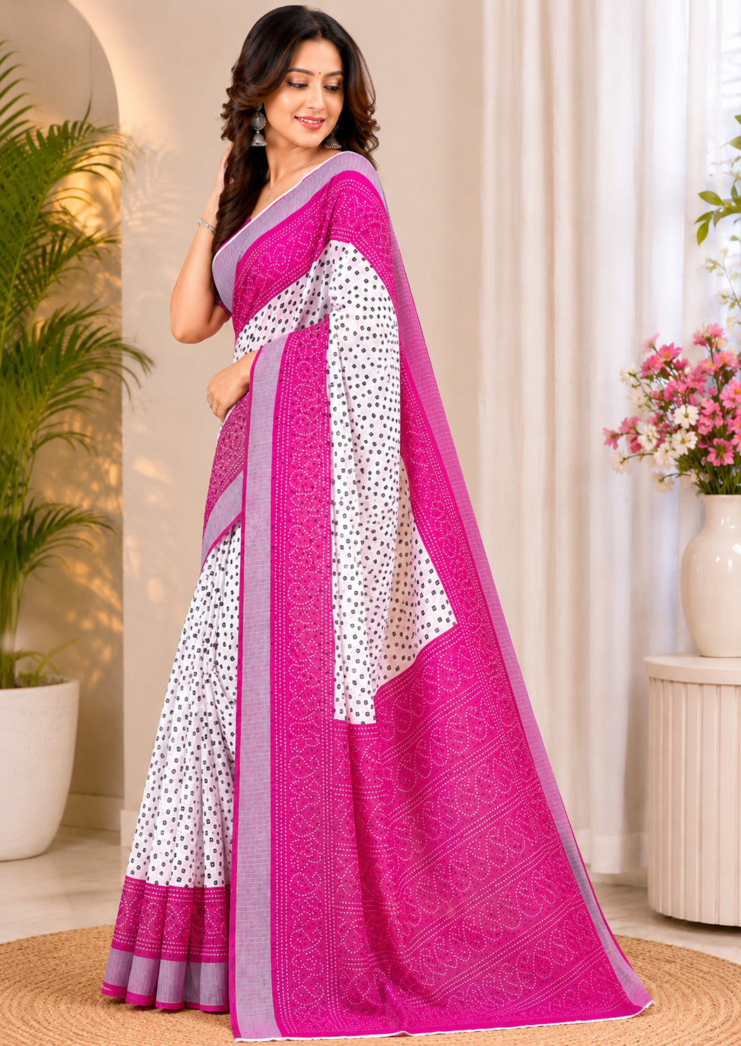 Elora White & Pink Linen Bandhani Digital Print Bollywood Saree