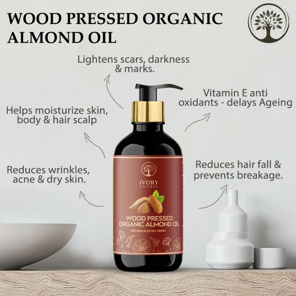 Ivory Natural Wood Pressed Organic Almond Oil , Premium Extra Virgin Oil - For Radiant Skin, Hair Wellness - Distacart
