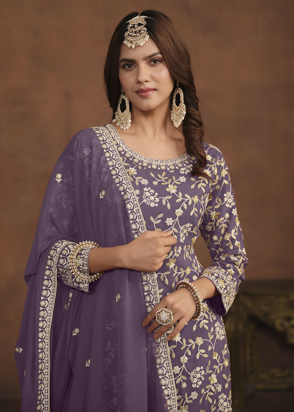 Faux Georgette Purple Embroidered Festive Salwar Suit - Emponline - Distacart