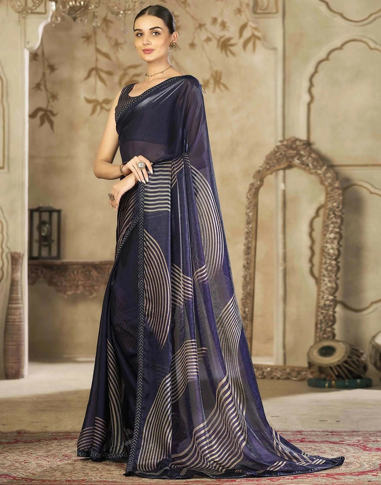Joban Fashion Satin Organza Navy Blue Swarovski Saree