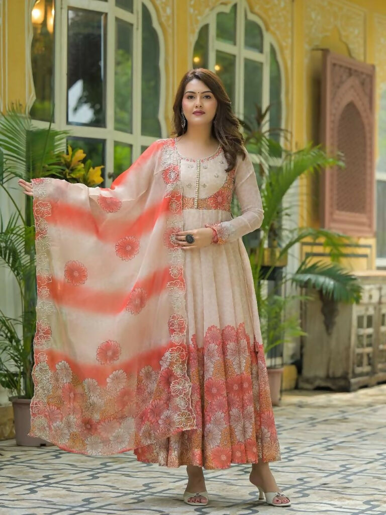 Teeya Creation Multi Color Organza Silk With Digital print With Embroidery Gown
