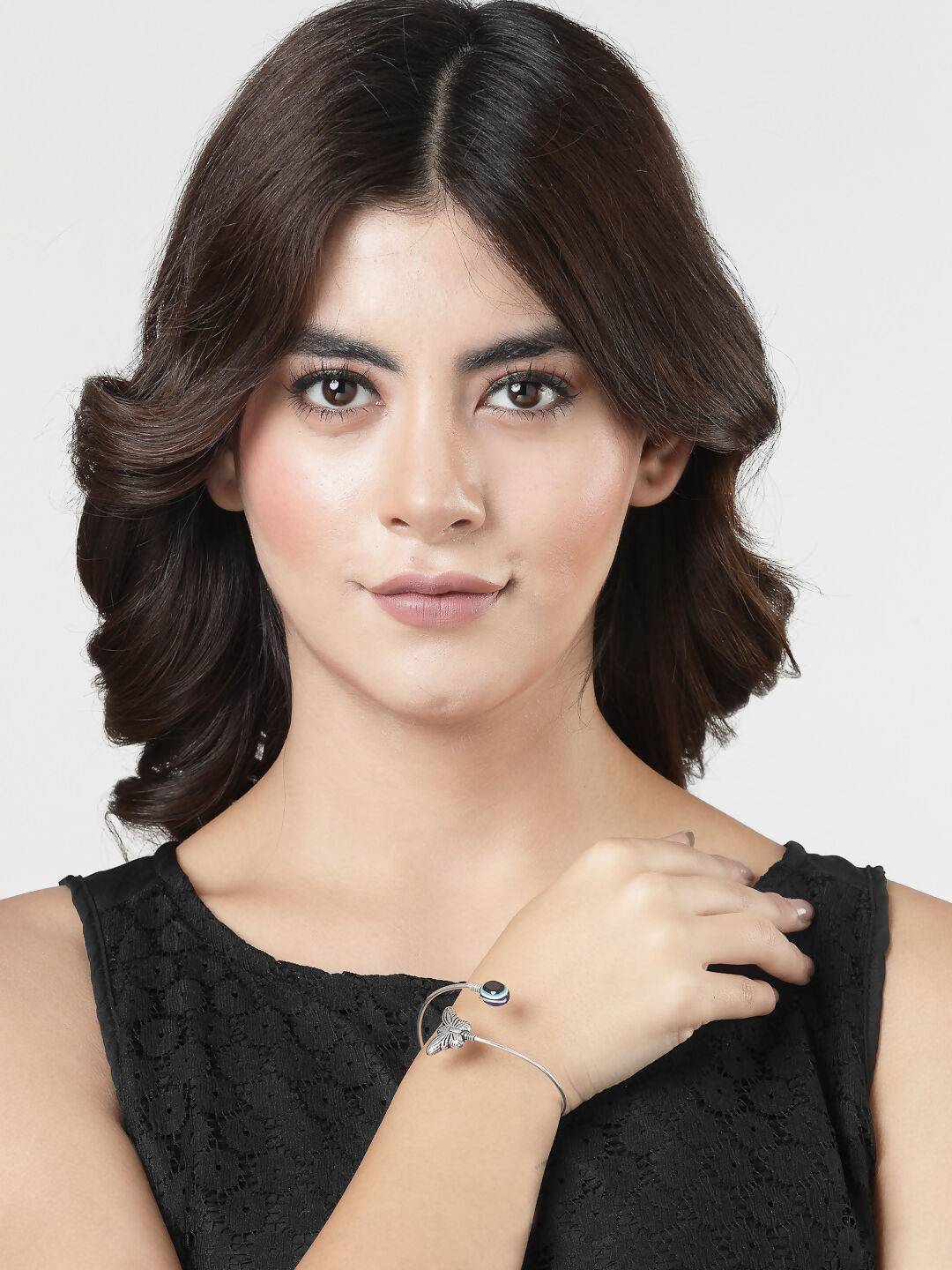 NVR Women Oxidised Rhodium-Plated Evil Eye Kada Bracelet - Distacart