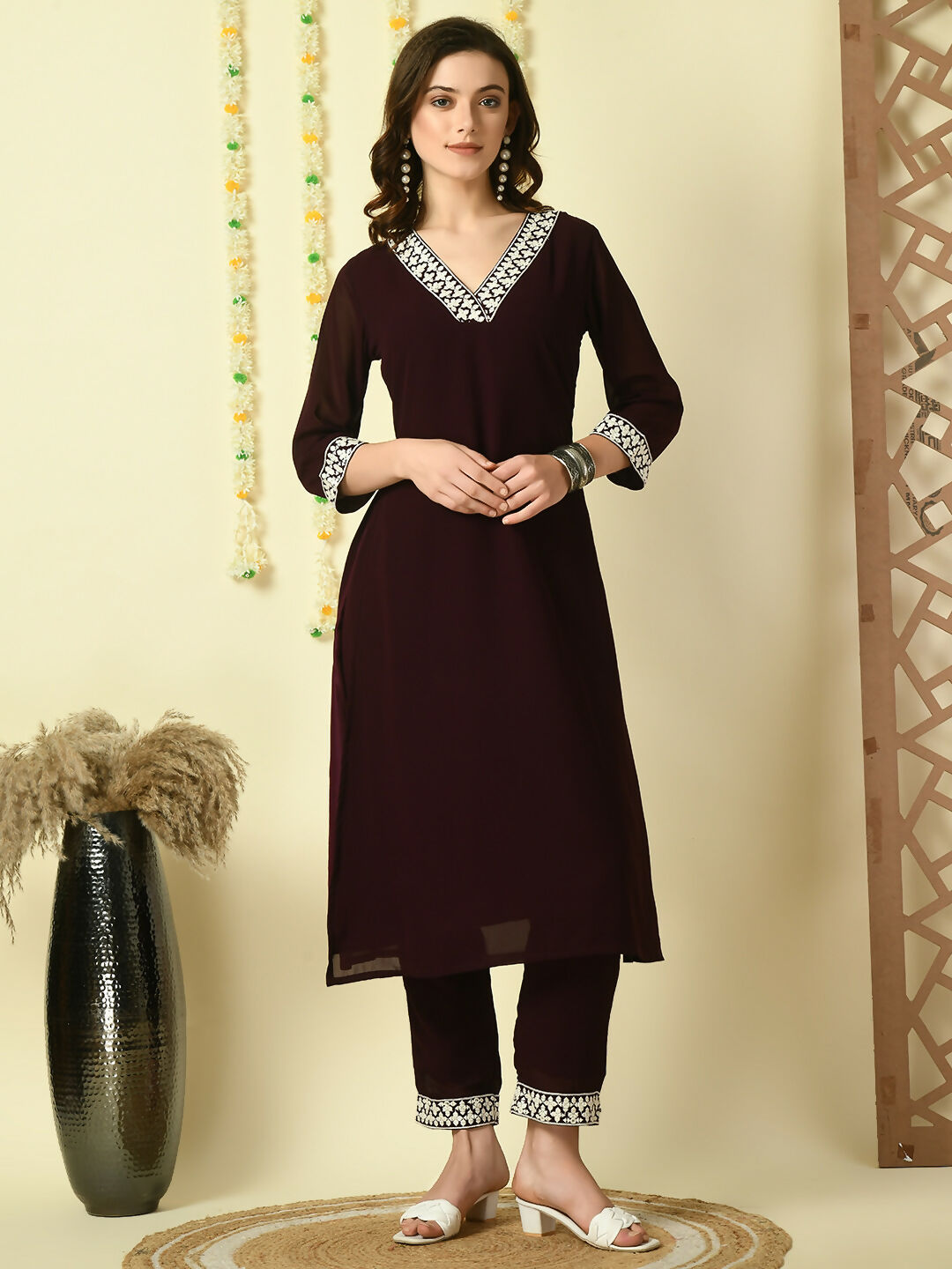 Myshka Women's Coffee Brown Georgette Kurta With Trousers Party Sets - Distacart
