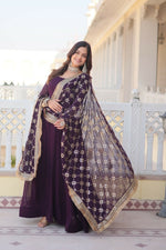 Thumbnail for Jyoti Fashion Women's Wine Faux Blooming Sequins Zari Embroidered Anarkali Dress with Dupatta - Distacart