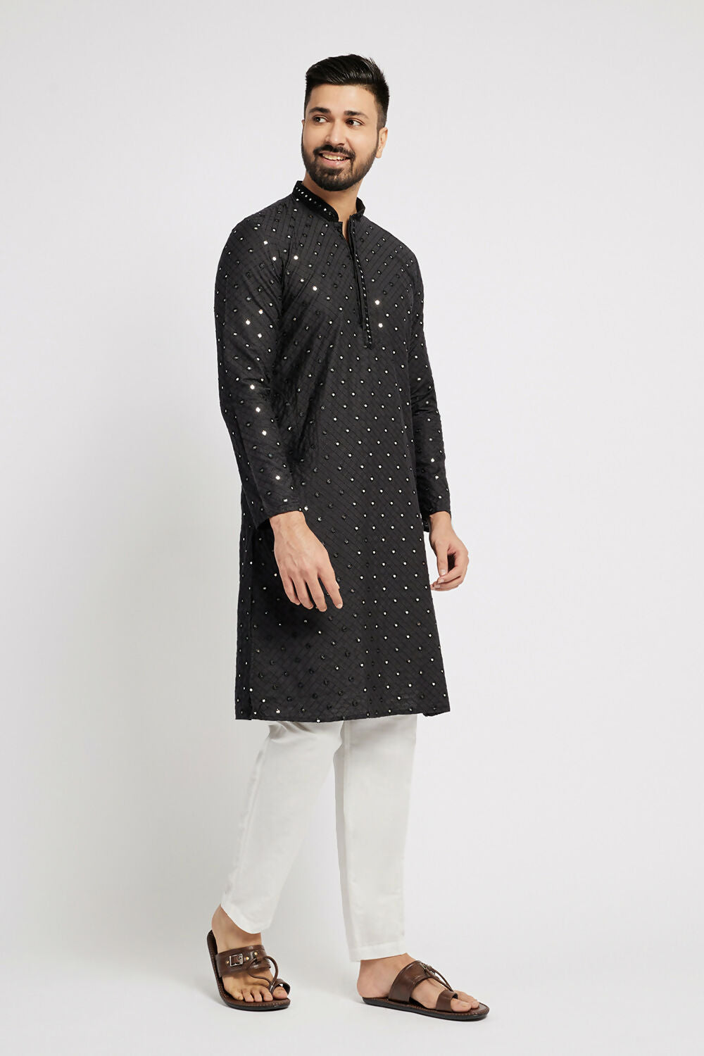Ethnic India Black Men's Kurta Embellished Cotton - Distacart