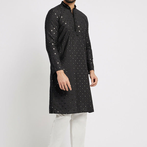 Ethnic India Black Men's Kurta Embellished Cotton - Distacart