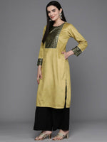 Thumbnail for Ahalyaa Women Floral Yoke Design Gotta Patti Velvet Kurta - Mustard Color - Distacart