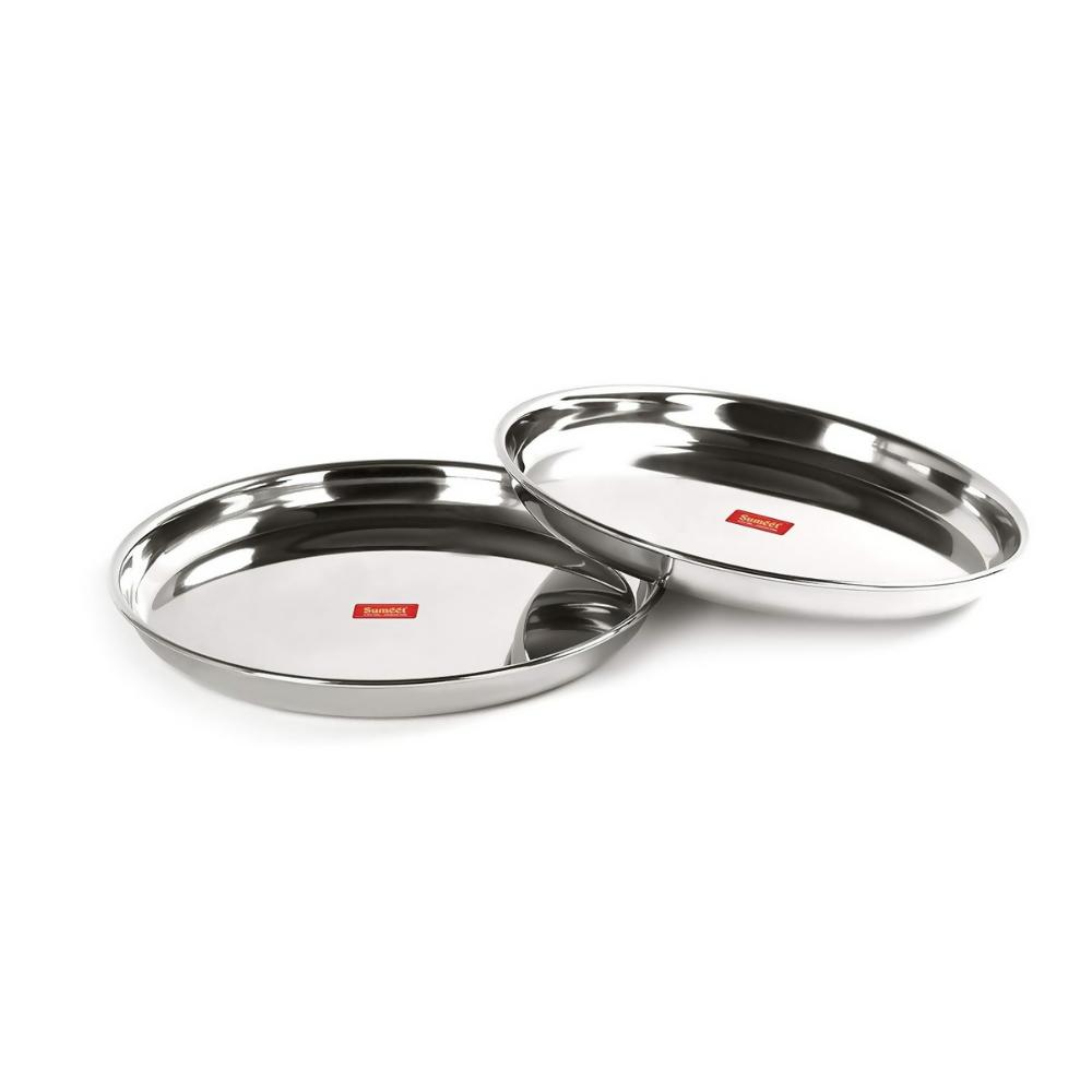 Sumeet Stainless Steel Heavy Gauge Deep Wall Dinner Plates with Mirror Finish - Dista