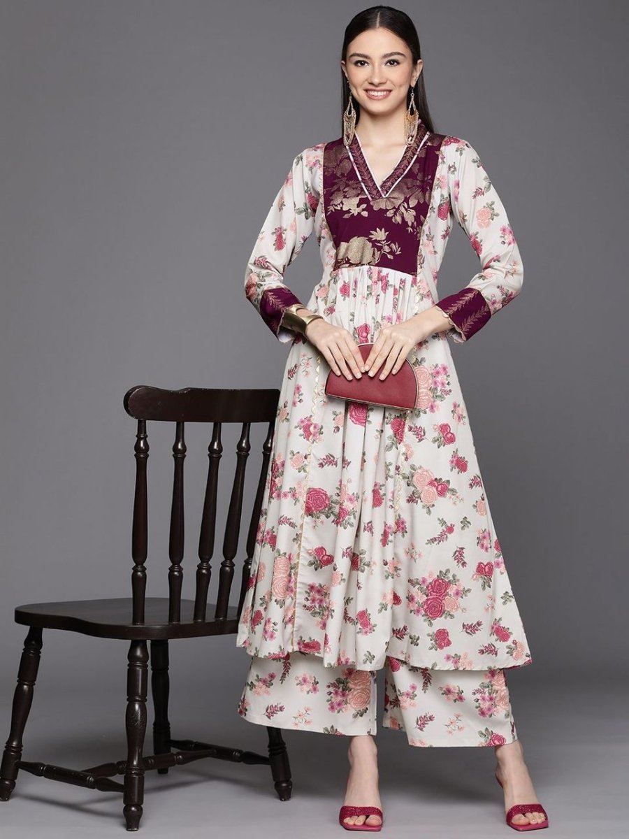 Ahalyaa Womens Beige Crepe Digital Printed Kurta Palazzo Set - Distacart