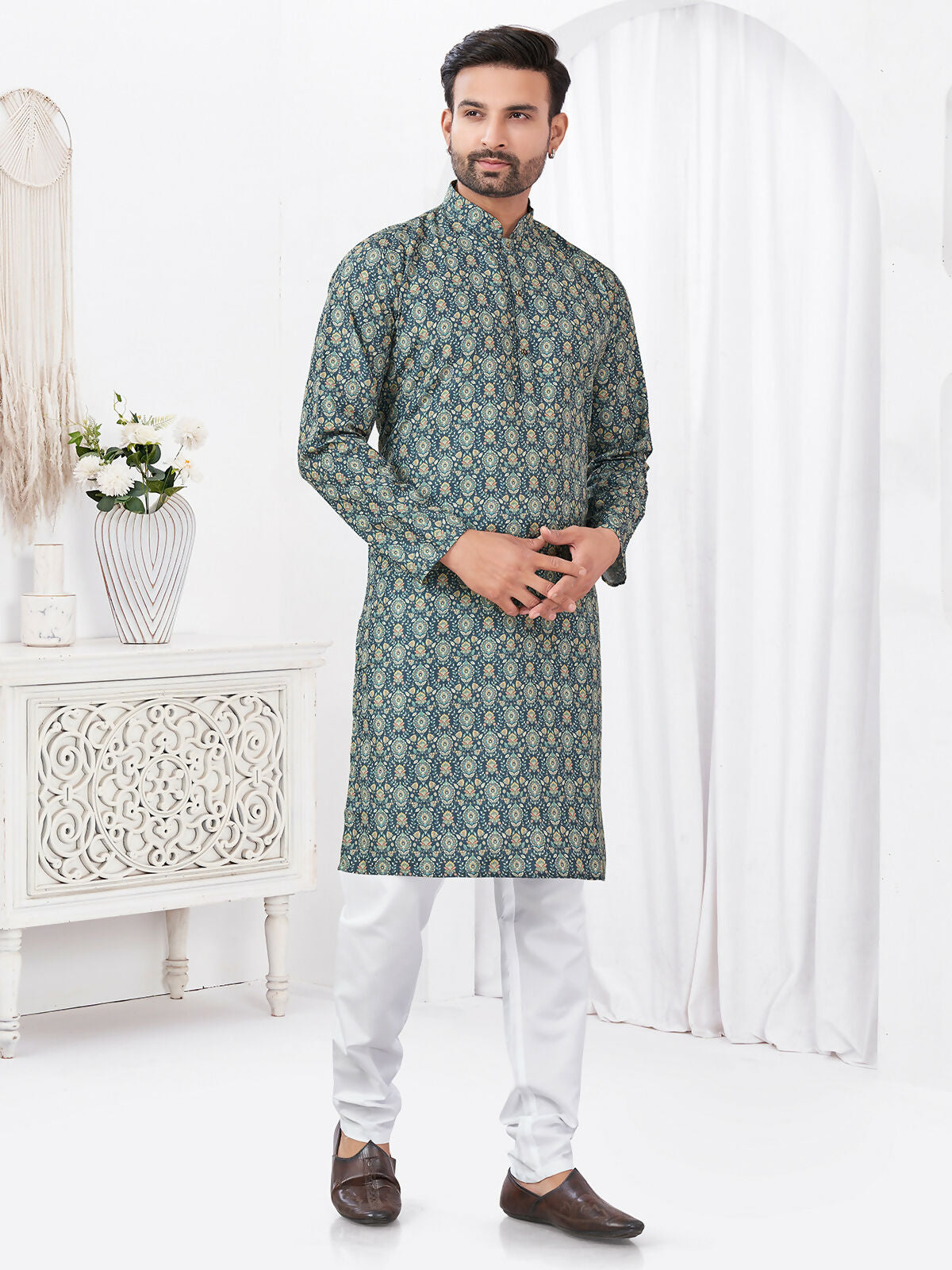 Joban Fashion Men's Rayon Cotton BLUE Printed Kurta Pyjama set - Distacart