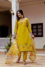 Thumbnail for The52 Yellow Women's Gorgeous Embroidered work Viscose Gadhwal Fabric Straight Kurta, Pant and Dupatta Set - Distacart