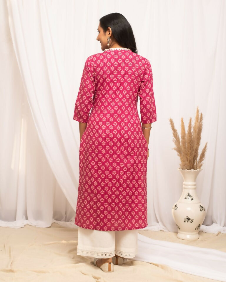 FIORRA Women's Floral Printed Pink Cotton Straight Kurta - Distacart