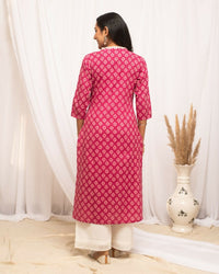 Thumbnail for FIORRA Women's Floral Printed Pink Cotton Straight Kurta - Distacart