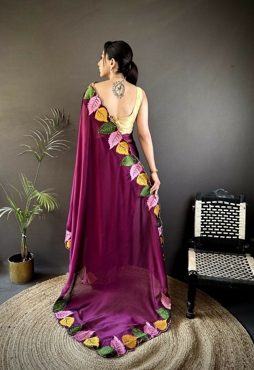 Prime Volt Multicolor Leaf Embroidery Rangoli Silk Saree with Scalloped Border-Purple - Dista