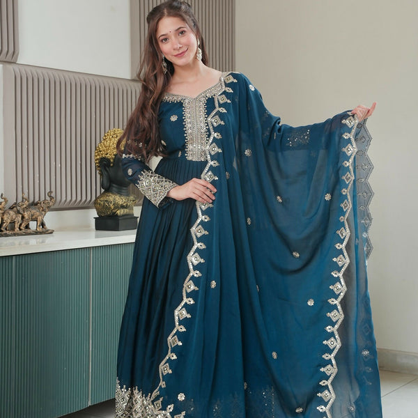 Teeya Creation Teal Color Heavy Crush Silk Wedding Wear Embroidery Work Long Gown - Distacart