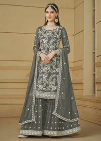 Thumbnail for Stone Grey Embroidered Georgette Gharara Style Suit - Emponline - Distacart
