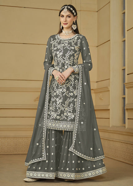 Stone Grey Embroidered Georgette Gharara Style Suit - Emponline - Distacart