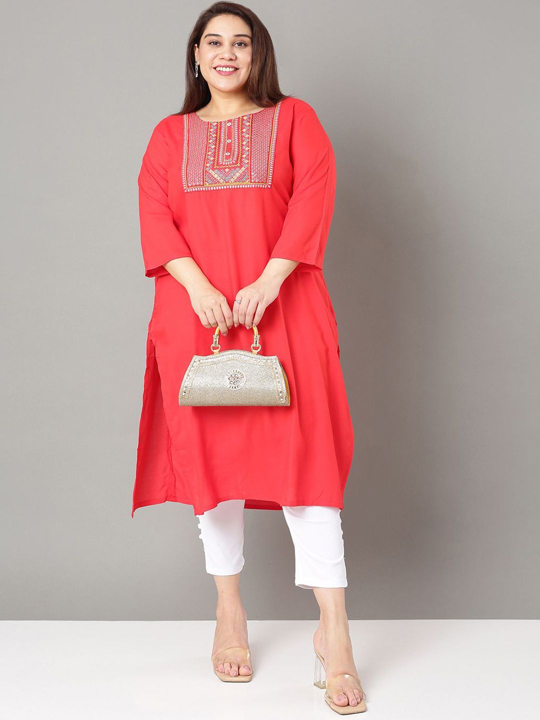 Sztori Floral Embroidered Yoke Design Sequined Straight Kurta - Distacart