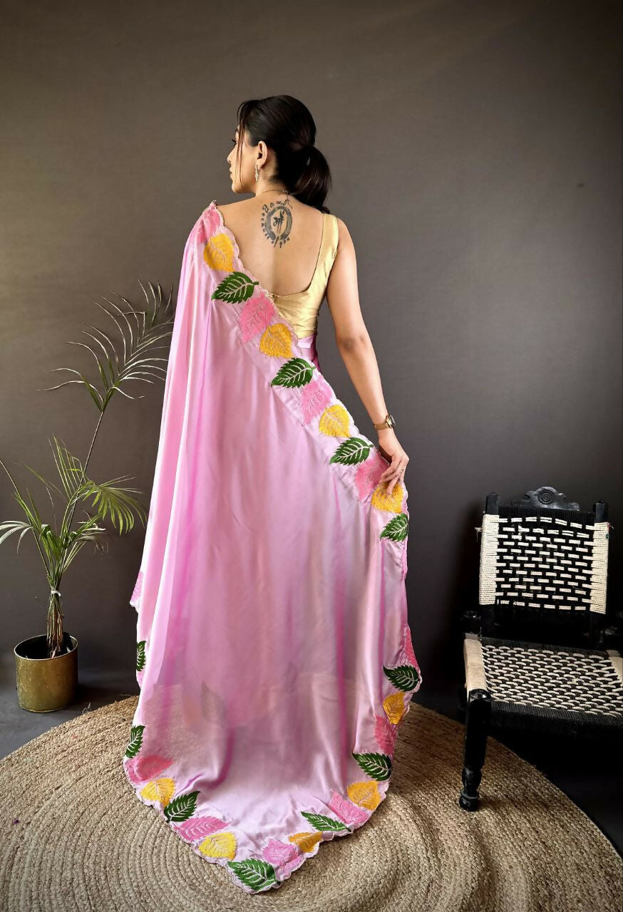 Prime Volt Multicolor Leaf Embroidery Rangoli Silk Saree with Scalloped Border-Pink - Dista