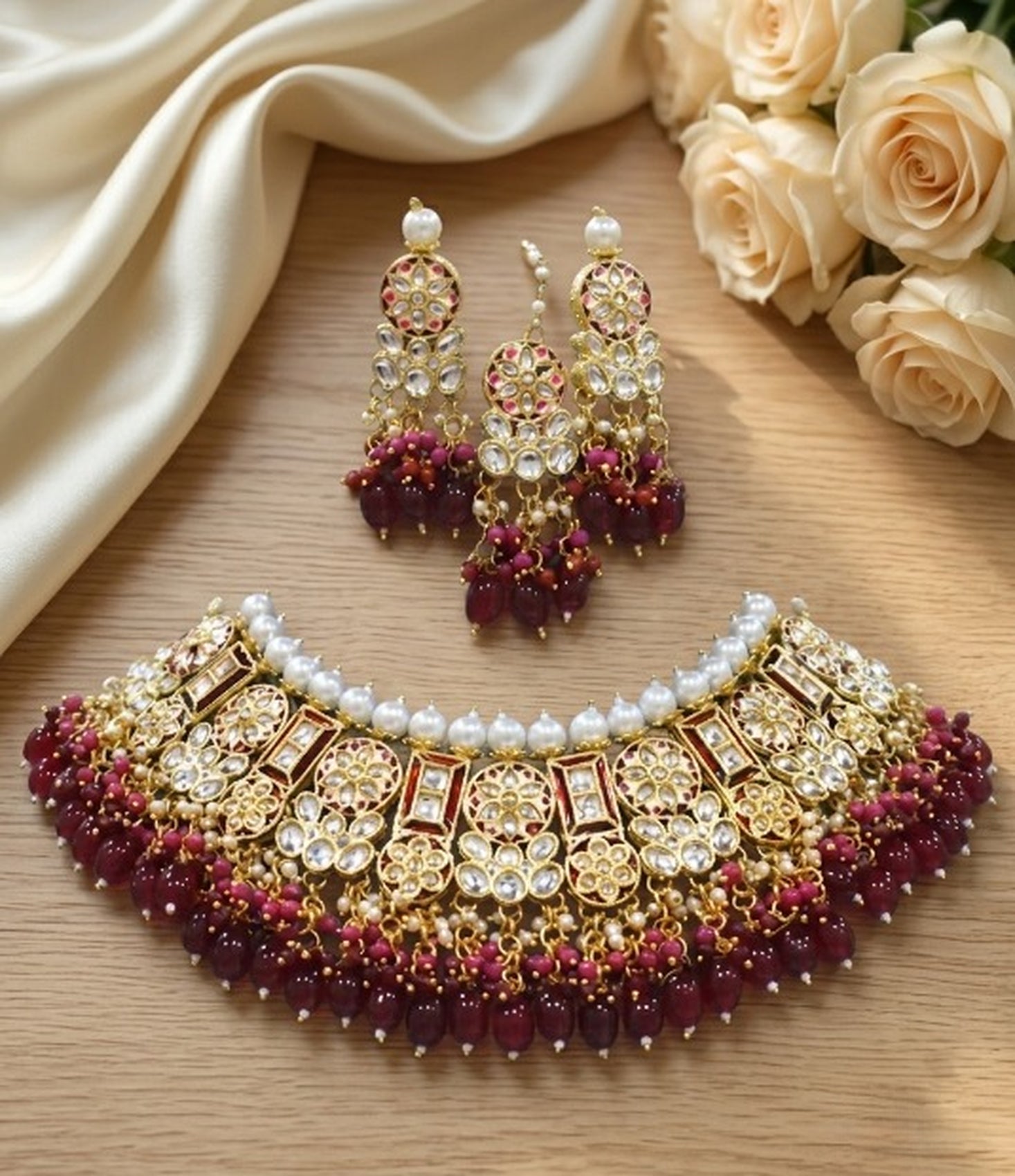 Jewel City Maroon Kundan Choker Set With Earrings & Maang Tikka|Bridal Jewelry - Dista