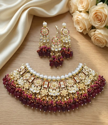 Jewel City Maroon Kundan Choker Set With Earrings & Maang Tikka|Bridal Jewelry - Dista