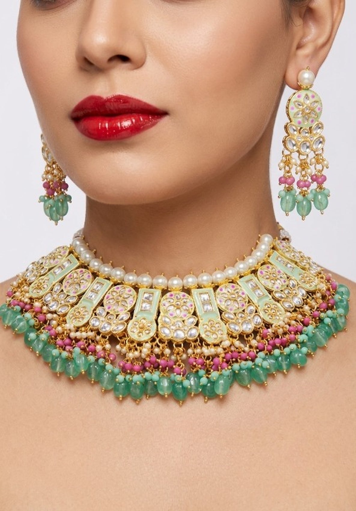 Jewel City Mint Kundan Choker Necklace Set With Earrings & Maang Tikka|Bridal Jewelry - Dista