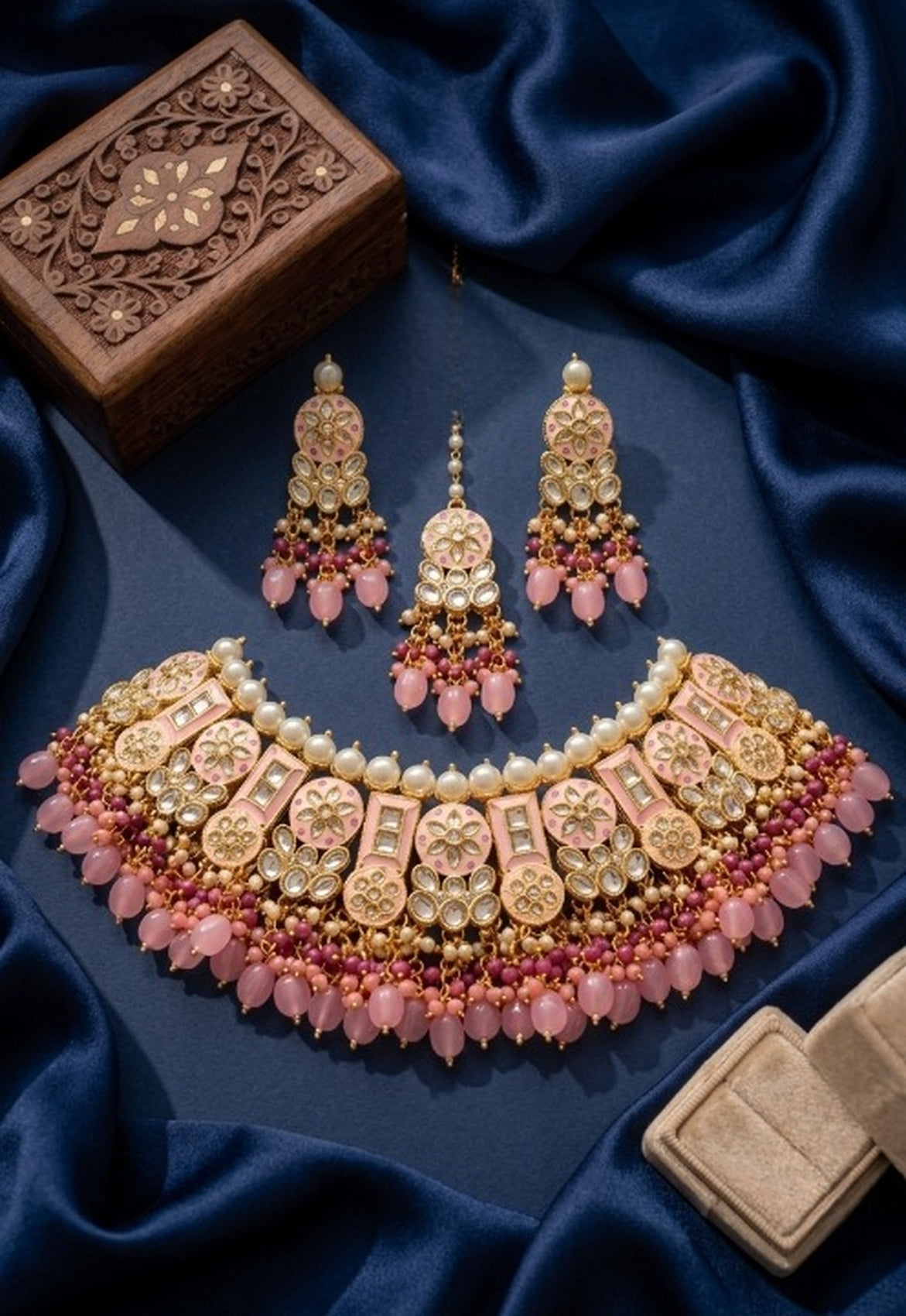 Jewel City Pink Kundan Choker Set With Earrings & Maang Tikka|Bridal Jewelry - Dista
