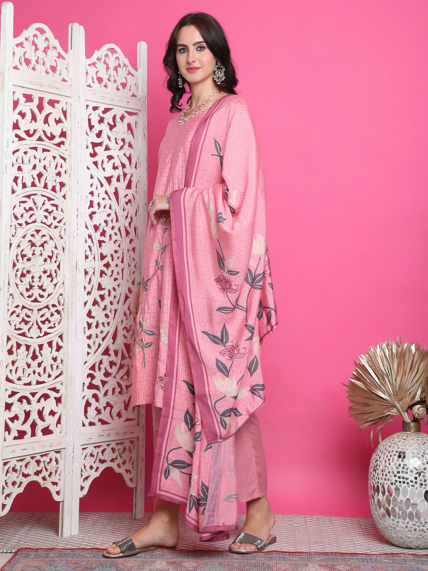 Jyoti Fashion Women's Pink Muslin Floral Print with Jari & Crystal work Kurta with Trouser & Dupatta - Distacart