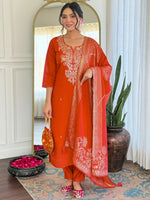 Thumbnail for The52 Rust Women's Gorgeous Roman Silk Fabric Straight Kurta, Pant and Dupatta Set - Distacart