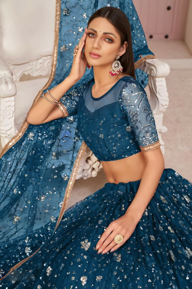 Aastha Fashion More Peach Butterfly Net All Over Thread Work, Zari Work And Sandwich Sequence Work Embroidery Wedding Wear Lehenga Choli - Distacart