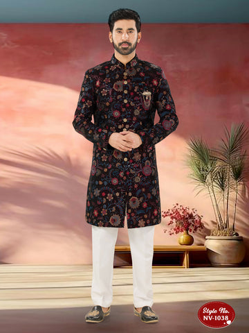 Joban Fashion Men's Wine Base Multi-Colour Straight Velvet Heavy Thread And Sequence Embroidary All Over Indo-Western Kurta Set - Distacart