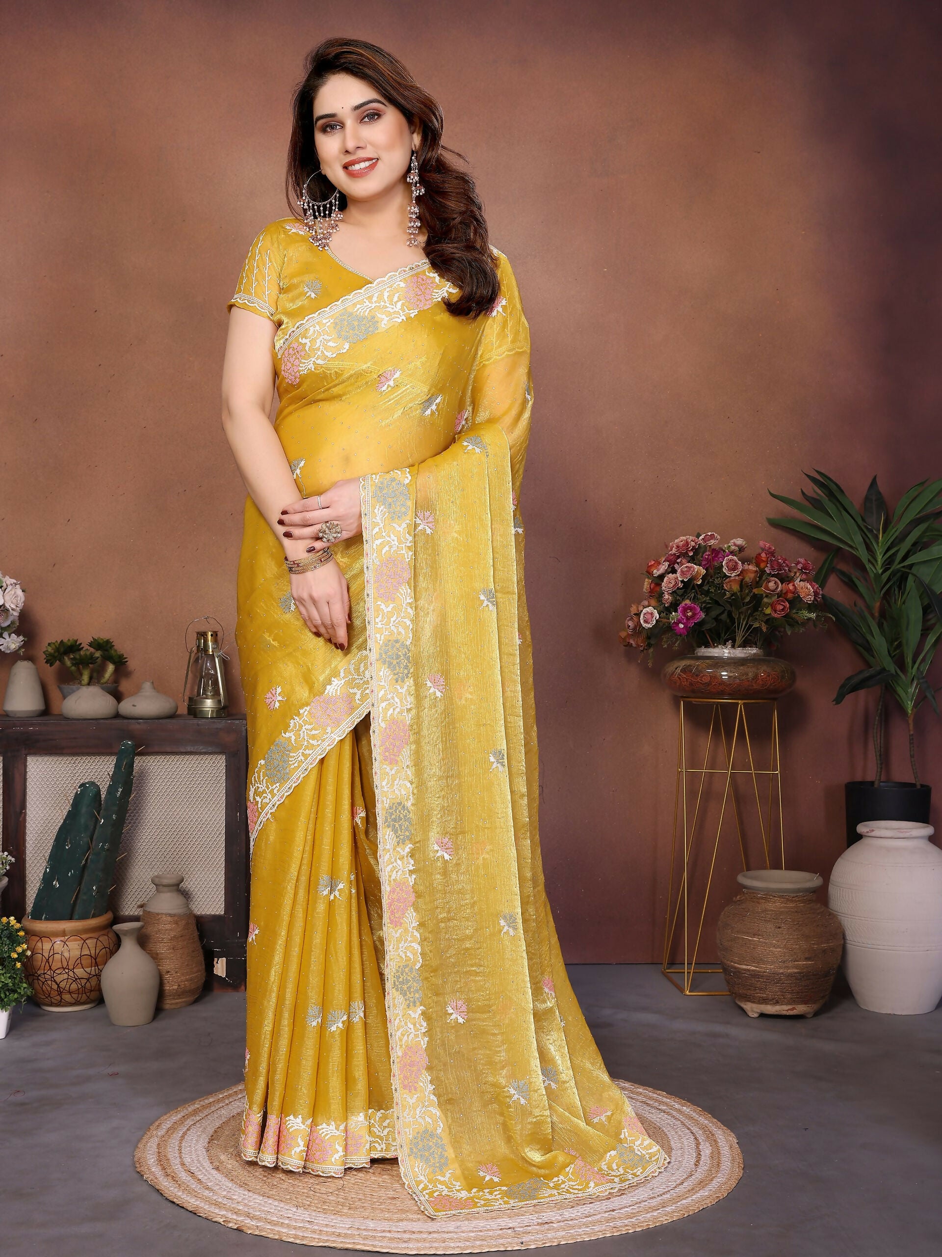 Teeya Creation New Womens Latest Party Wear Soft Chiffon Silk Saree-Yellow - Dista