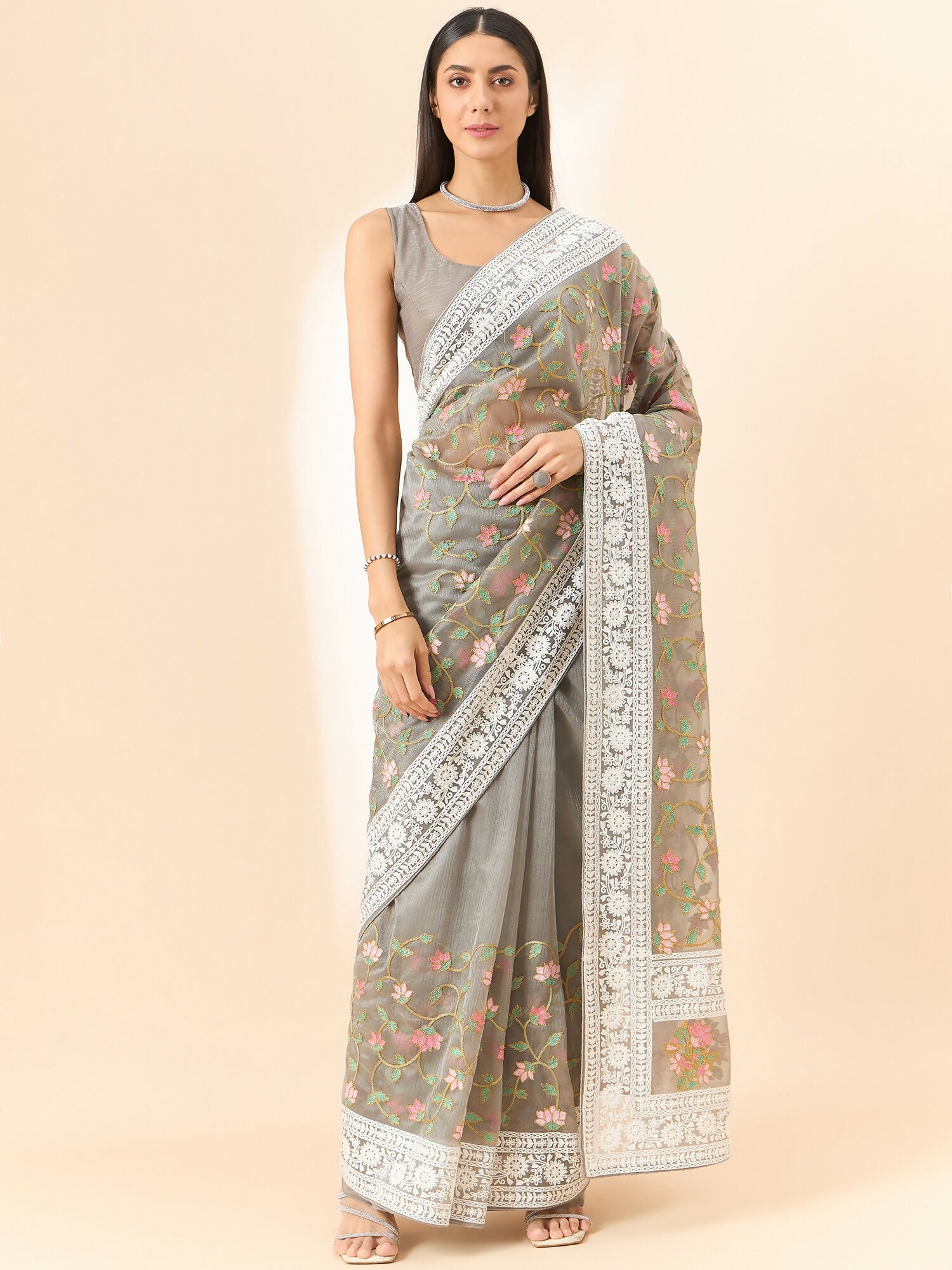 Grey Organza Floral Embroidered Saree with Unstitched Blouse Piece - Roozal - Distacart