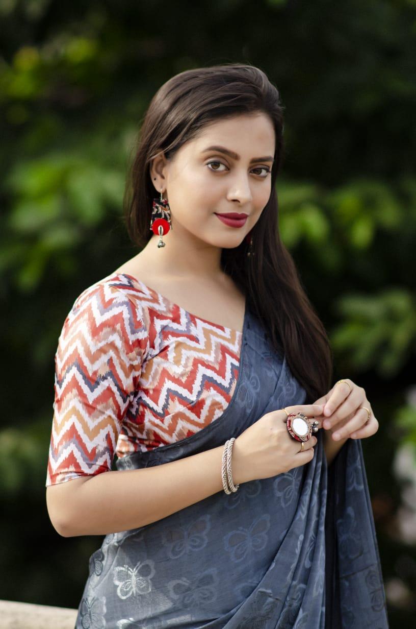 Grey Silk Blend Ethnic Motifs Saree with Unstitched Blouse - Hiral Fashion - Distacart