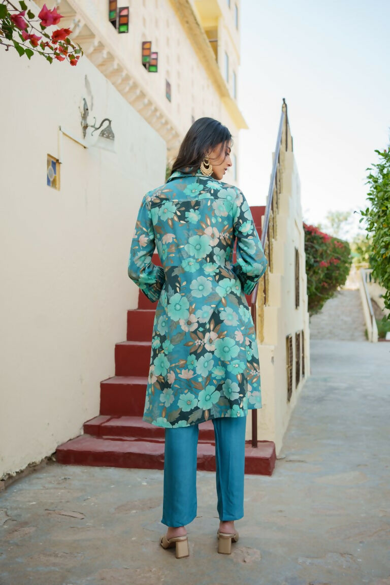 Vaasva Women Teal Muslin Tucks Kurta & Pant Set - Distacart