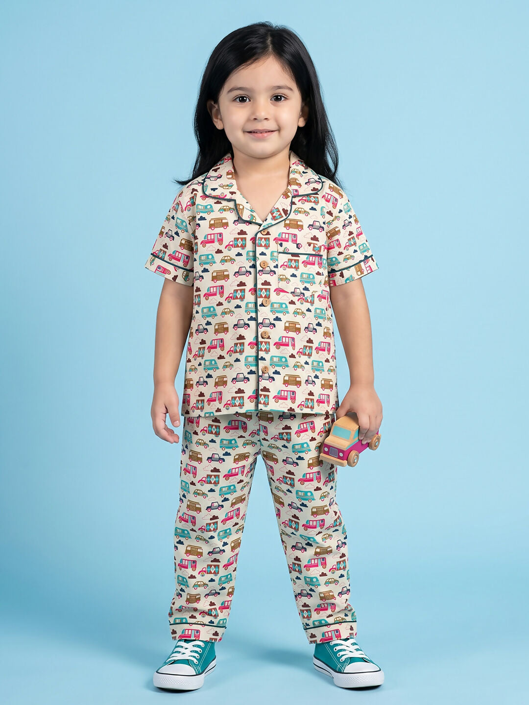 Breathables Woven Cotton Half Sleeves Bus Cars Shirt & Pyjama White