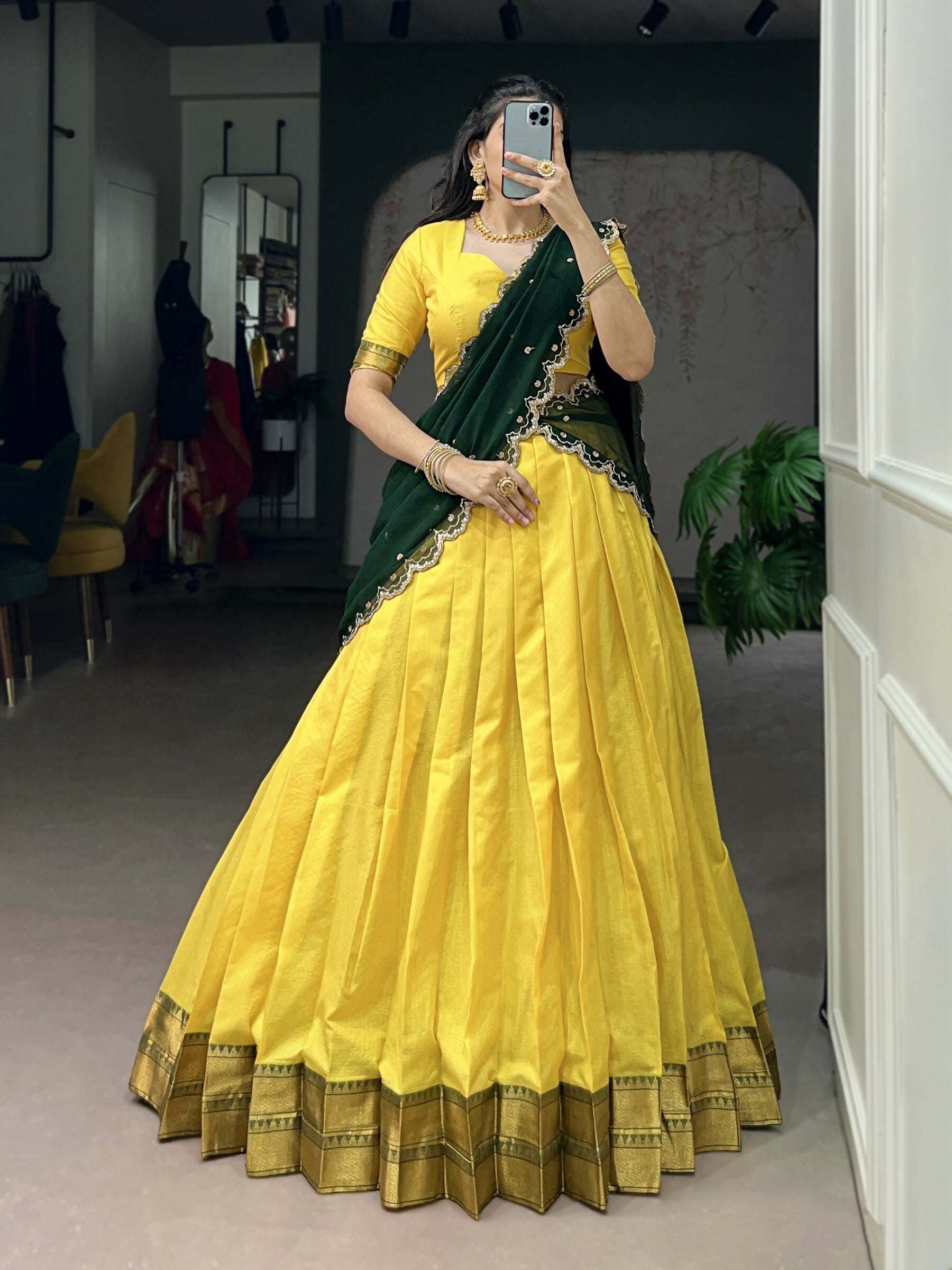 Lorenvalley Fashion Yellow Cotton Silk Zari Weaving Work Lehenga Choli with Dupatta - Dista
