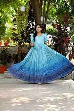 Thumbnail for Jyoti Fashion Women's Sky Blue Bandhej Print with Crush Pleating Muslin Anarkali Dress - Distacart