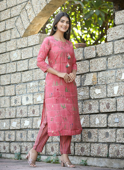 Kaajh Women's Pink Floral Printed Modal Silk Kurta Pant Set - Distacart
