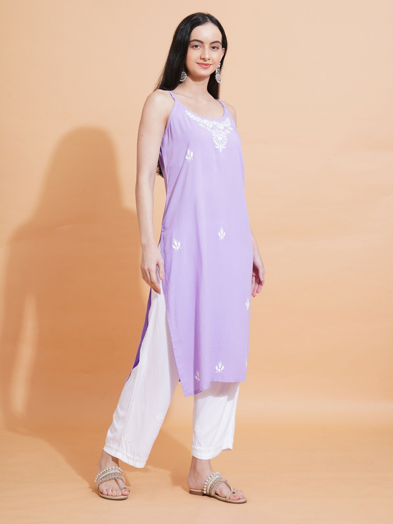 Pahnaz Luxury Rayon Chikankari Sleeveless Long Kurti-Lavender - Dista
