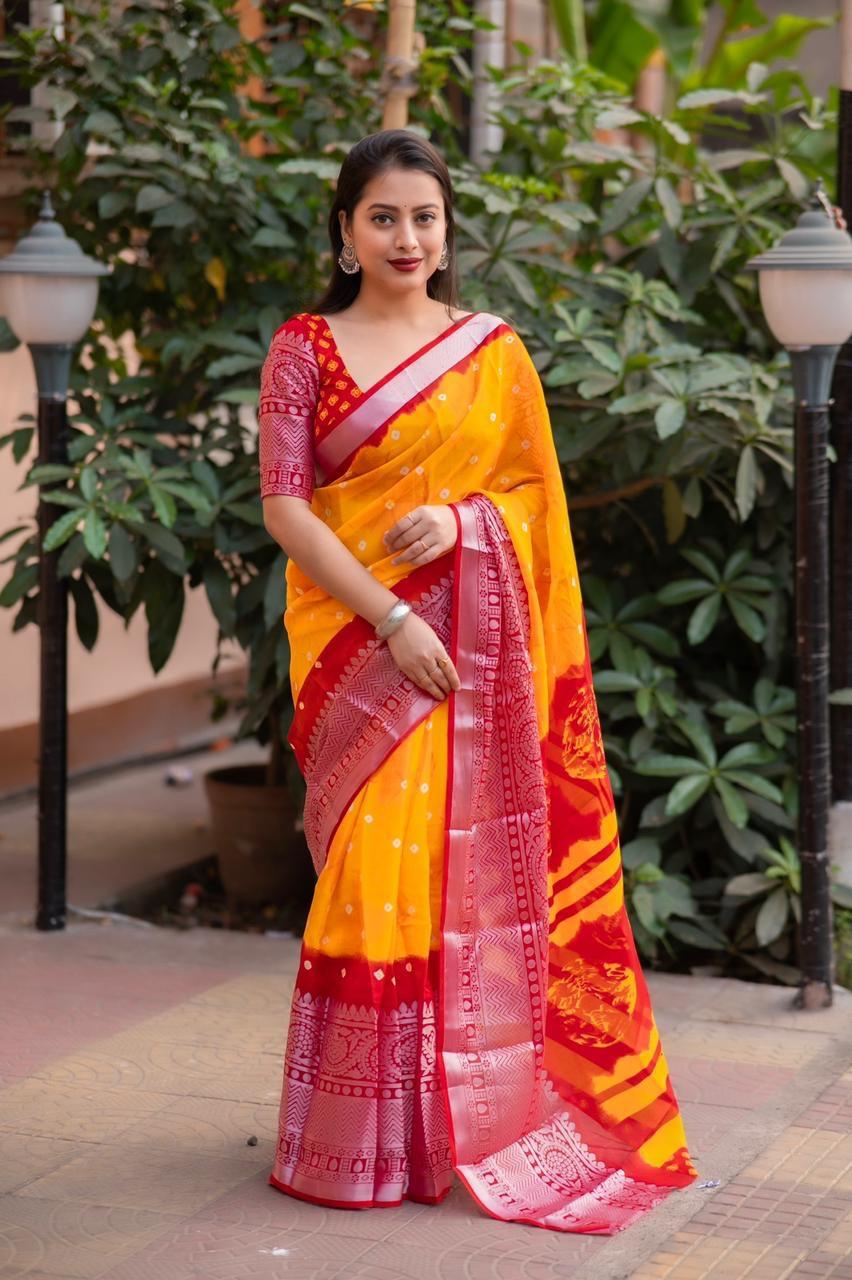 Orange Jute Silk Ethnic Motifs Saree with Unstitched Blouse - Hiral Fashion - Distacart
