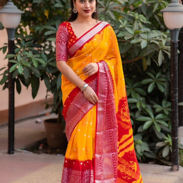 Orange Jute Silk Ethnic Motifs Saree with Unstitched Blouse - A2M - Distacart