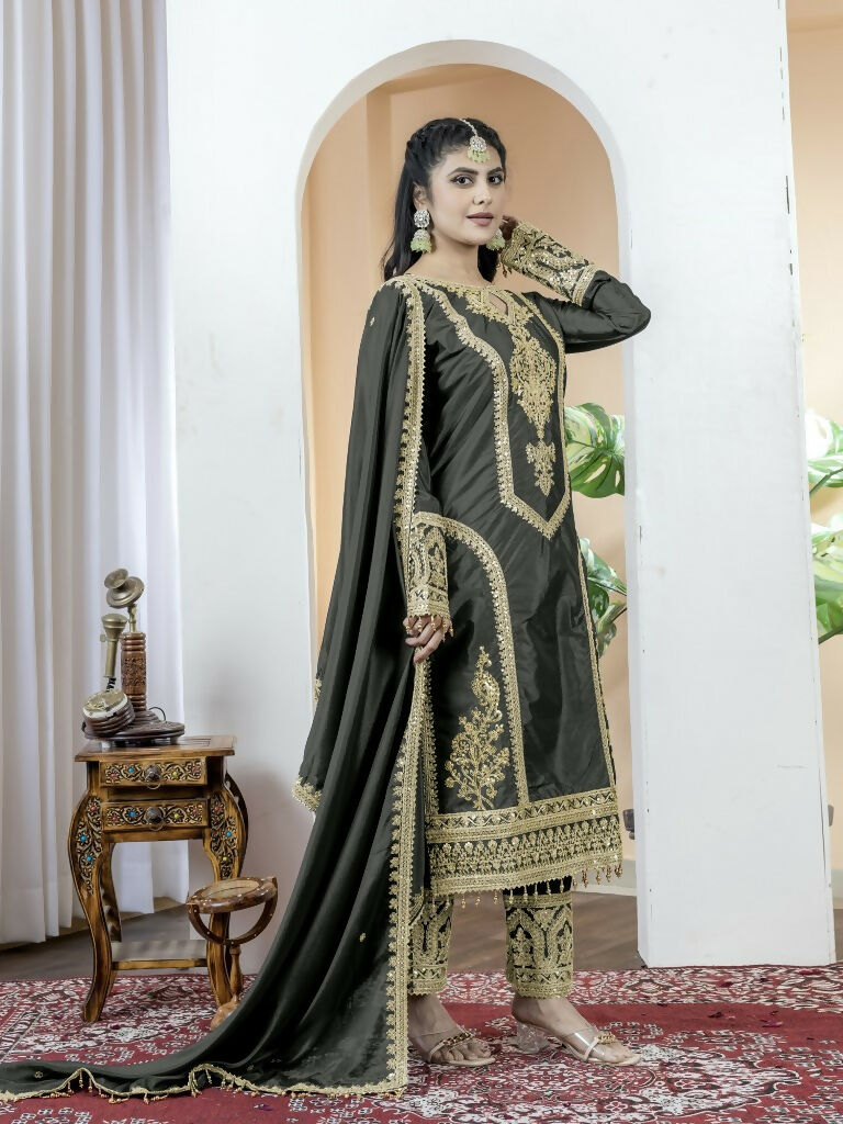 Teeya Creation Black Color Chinnon Silk Embroidery Work Fully Stitched Salwar Suit