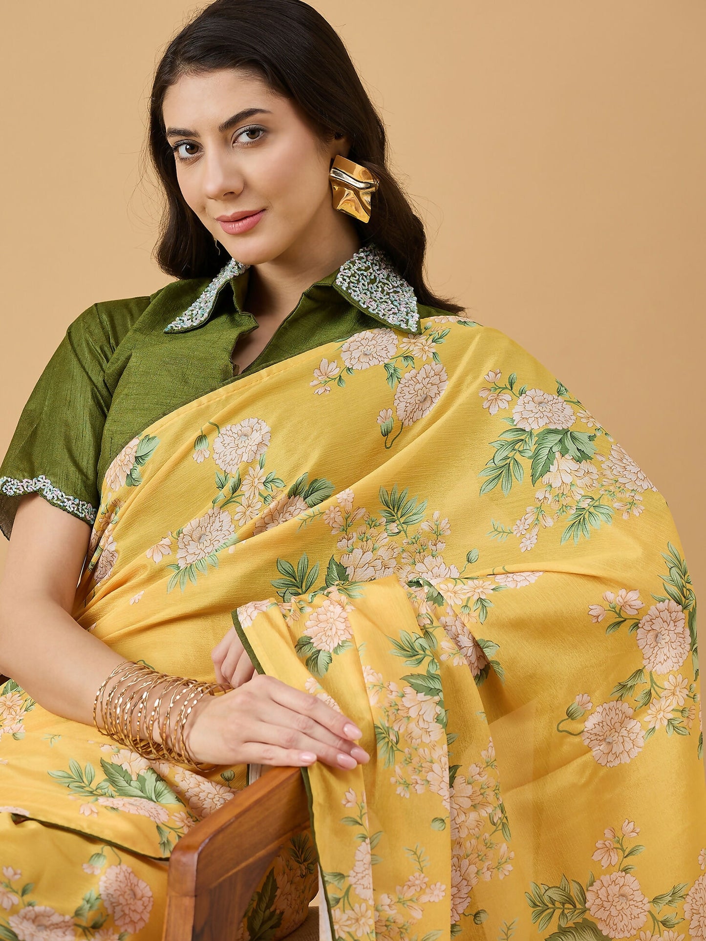 Mustard Chiffon Floral Printed Saree with Stitched Blouse - Dharavi - Distacart