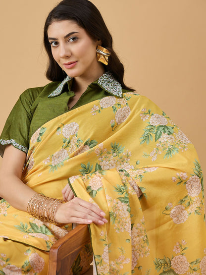 Mustard Chiffon Floral Printed Saree with Stitched Blouse - Dharavi - Distacart