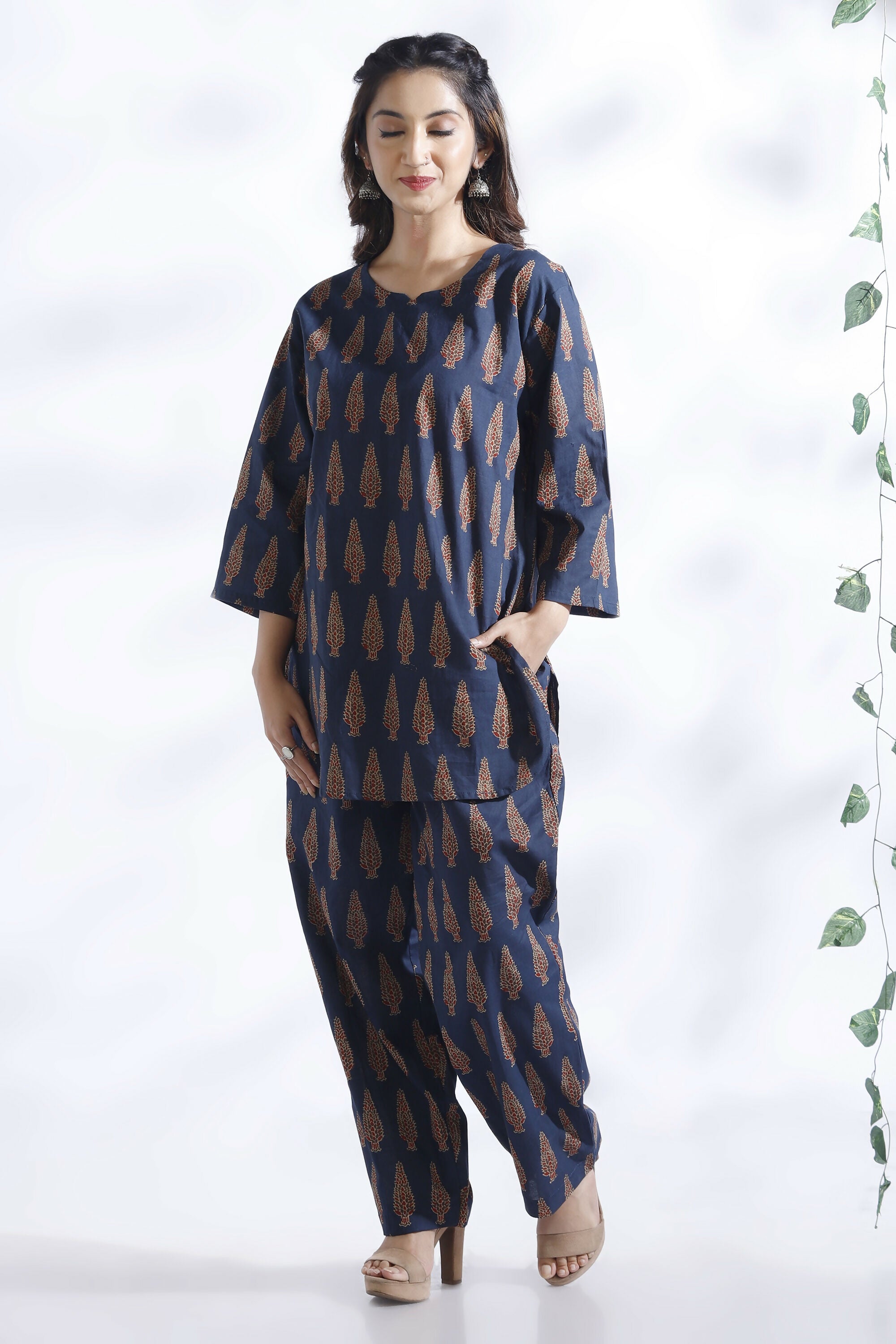 Breathables Blue Butta Cotton Kurta & Pant Co-Ord Set - Dista