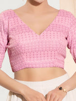 Thumbnail for Joban Fashion Baby Pink Crochet Padded Blouse With V Neck Elbow Sleeves - Distacart